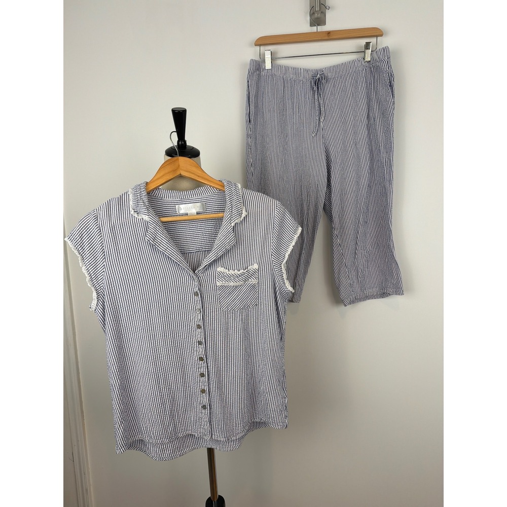 Eileen West Pajama Set Women Large Blue White Striped Seersucker Rayon 2pc PJs